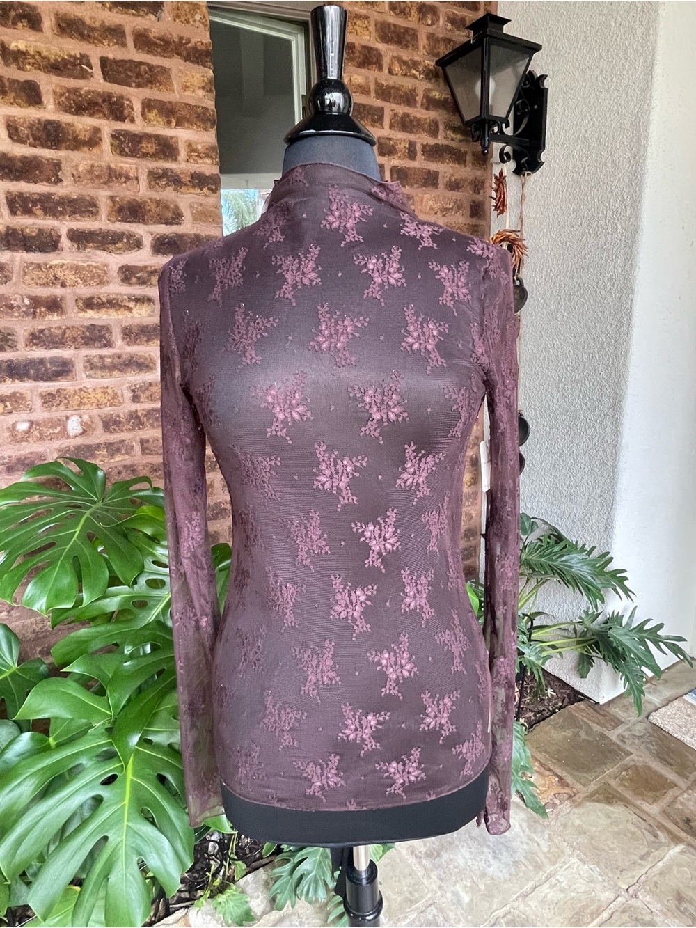 Free People Brown Floral Lace Mock-Neck Long Sleeve Top